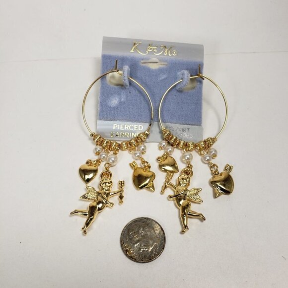 Women's Polished Gold tone Beaded Hoop Design Drop Earrings - Dangling Charms #3 - Picture 6 of 6